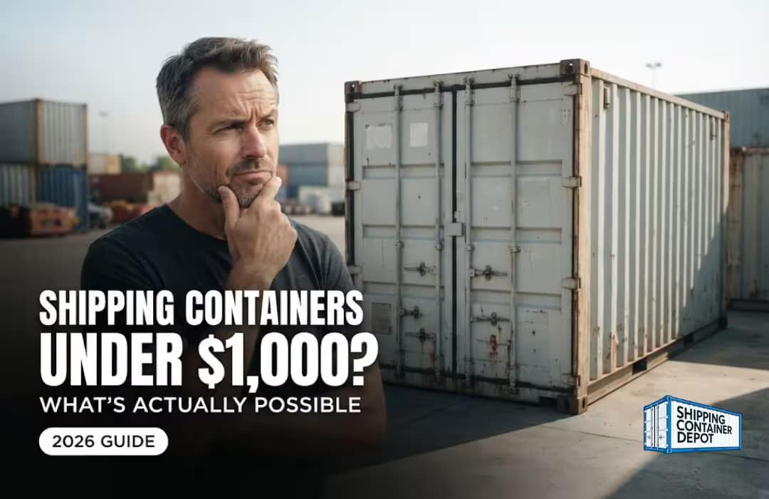 A Caucasian man in his 40s–50s stands in the foreground to one side of a depot yard, seen from a three-quarter angle, arms crossed or hand on chin, studying a weathered budget-condition shipping container with a skeptical