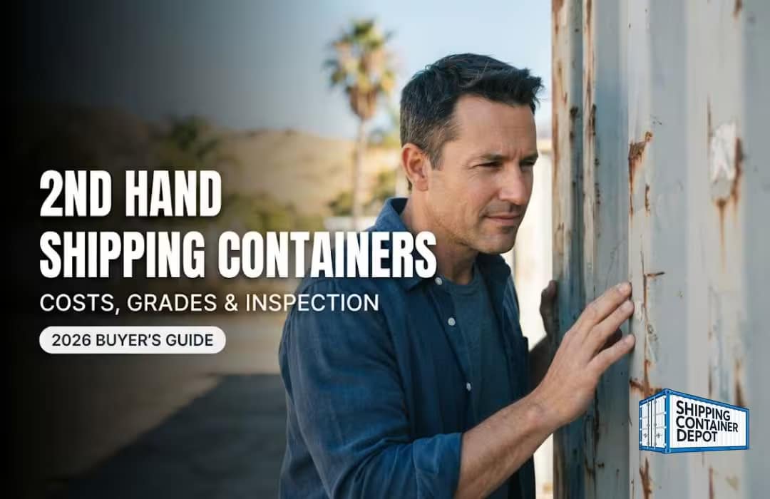 A Caucasian buyer in their 40s stands beside a second-hand shipping container, one hand on its surface, leaning in to examine the steel closely